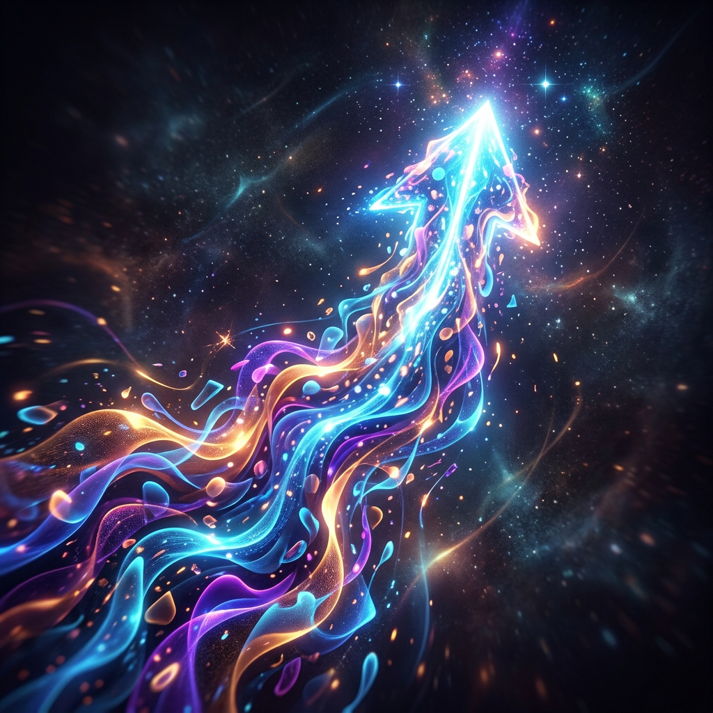 Glowing neon arrow pointing upward with swirling colorful light trails in space