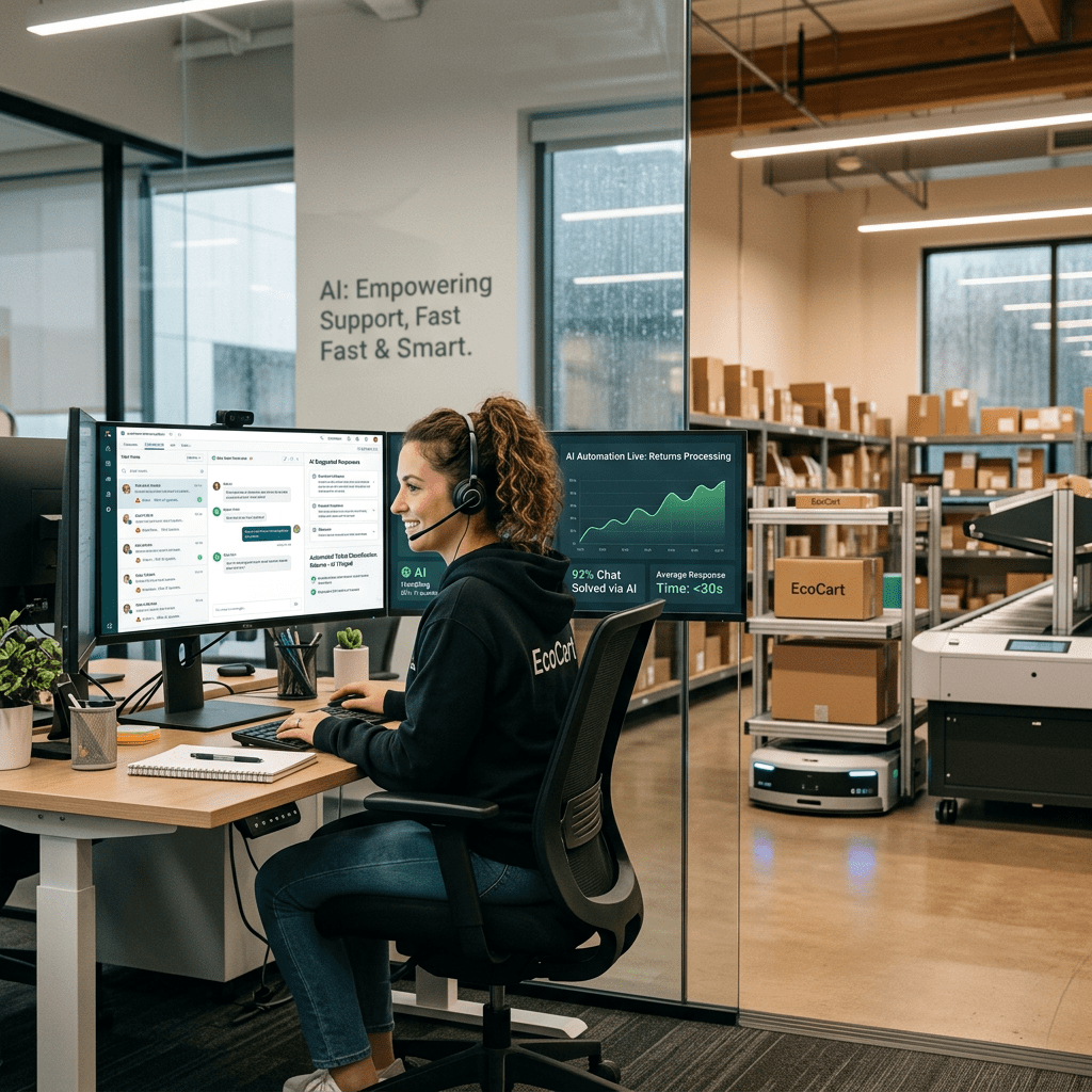 Customer support agent using AI chat and data analytics software in warehouse office