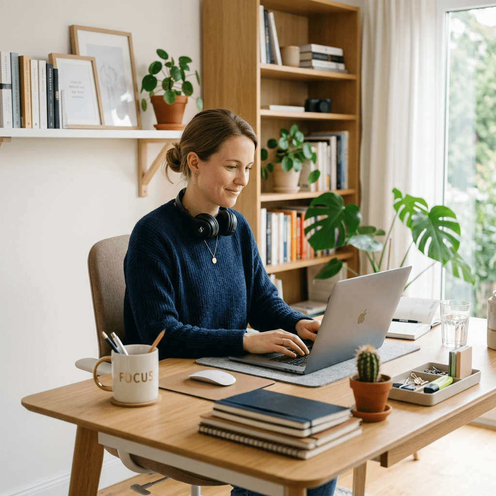 Woman sitting at desk using laptop with headphones around neck in a bright home office