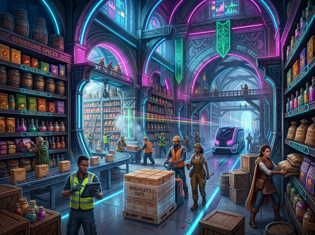 Indoor medieval market with people trading spices, grains, and potions