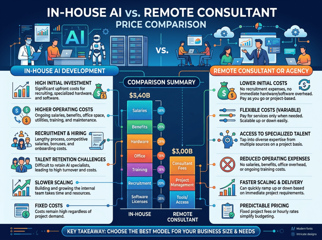 Chart comparing in-house AI development costs to remote consultant costs across multiple categories.